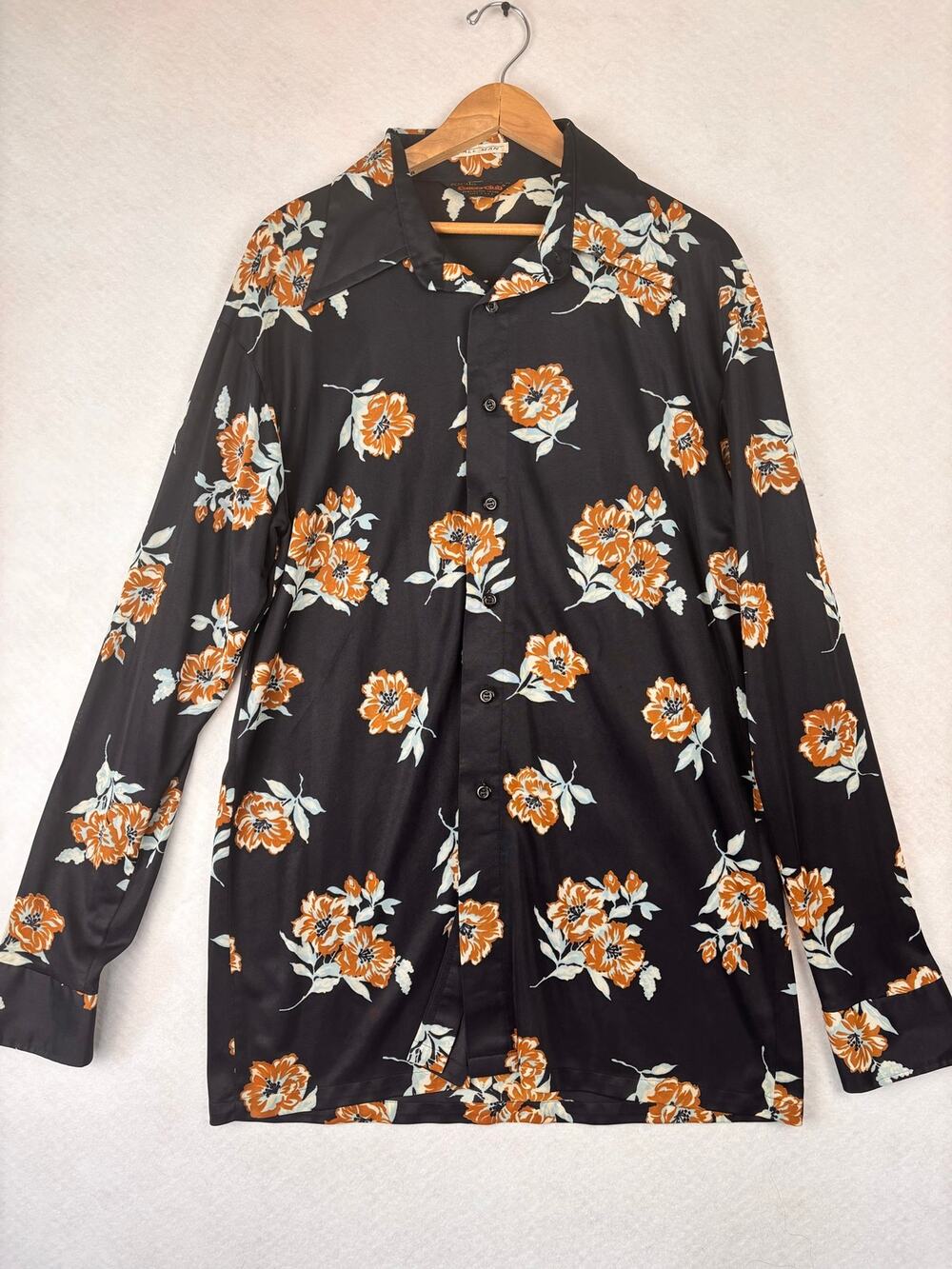 Vintage Focus Career Club Tall Man Floral Button Shirt XL 17.5 Black Orange USA